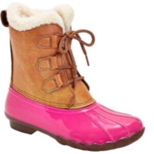 Adrienne Vittadini Gavin-03K Girls Size 2 Lace Up Sherpa Collar Duck Boots Pink